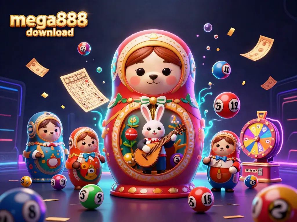 Engage in the excitement of mega888 download with colorful lottery games and a dynamic casino-themed scene.