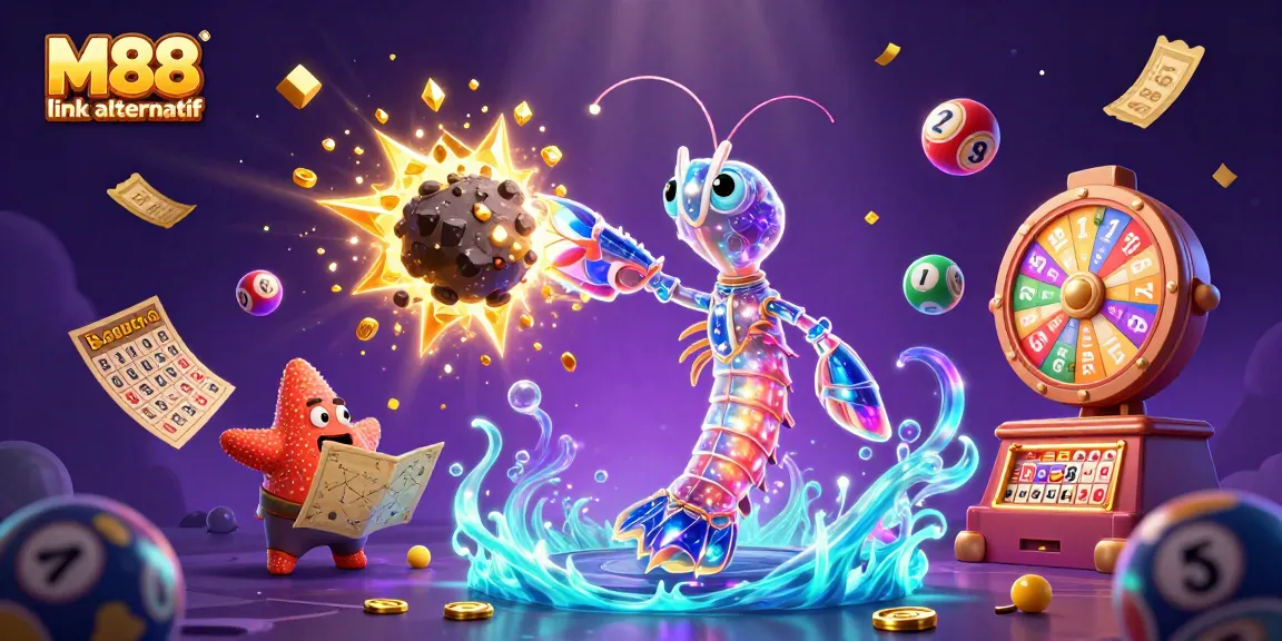 Experience M88 link alternatif in a vibrant 3D casino scene with colorful lottery elements and sparkling effects.