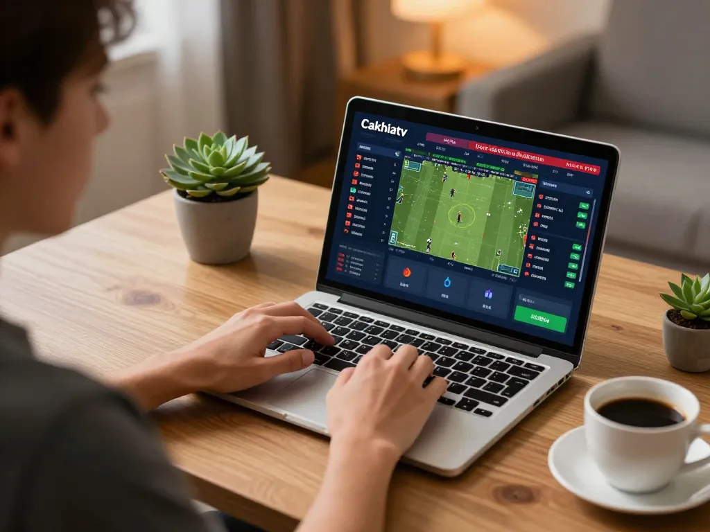 Cakhiatv user engaging in sports betting from a cozy home office, showcasing interactive interface.