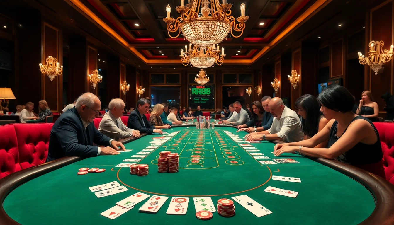 Engaging scene of players at a luxurious RR88 casino table, showcasing blackjack excitement.