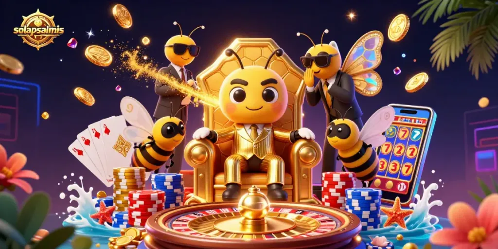 Experience solapsalmis with a 3D illustration of a bumblebee mob boss ruling a vibrant casino scene.
