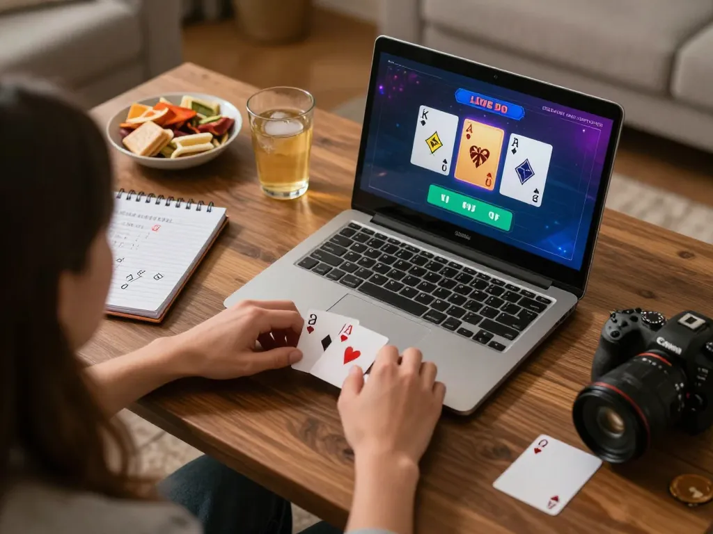 Player enjoying king33 live dealer blackjack game on laptop with strategic notes.