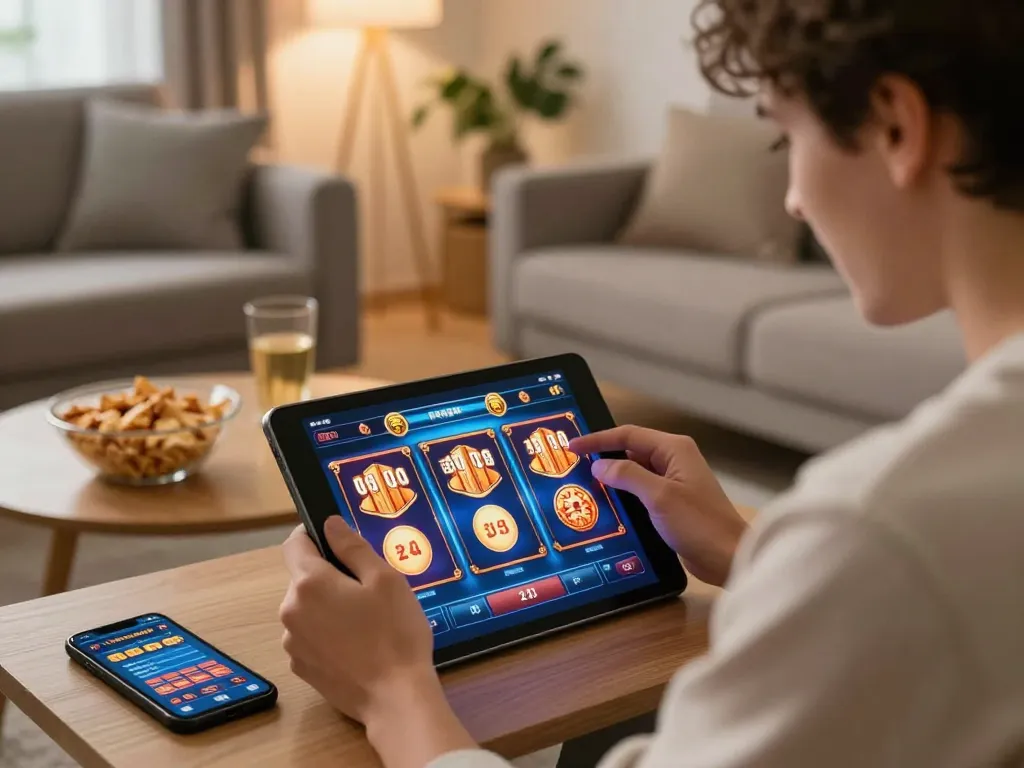 Rayakan dan klaim kredit percuma rm5 sementara menikmati slot dalam talian di tablet dalam ruang tamu yang selesa