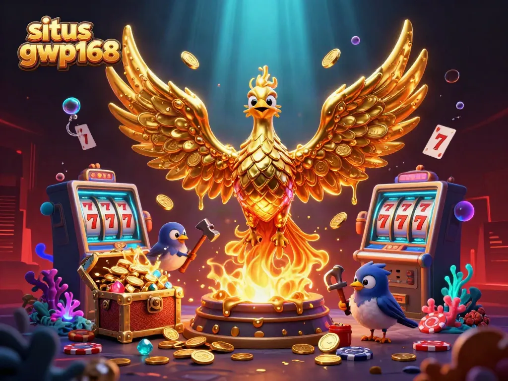 Gambarkan pengalaman bermain situs gwp168 dengan mesin slot berkilau dan phoenix emas, penuh koin emas.