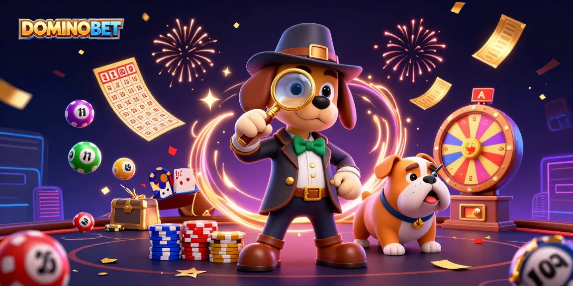 Join DOMINOBET for exciting poker action amidst festive lottery elements and animated characters.
