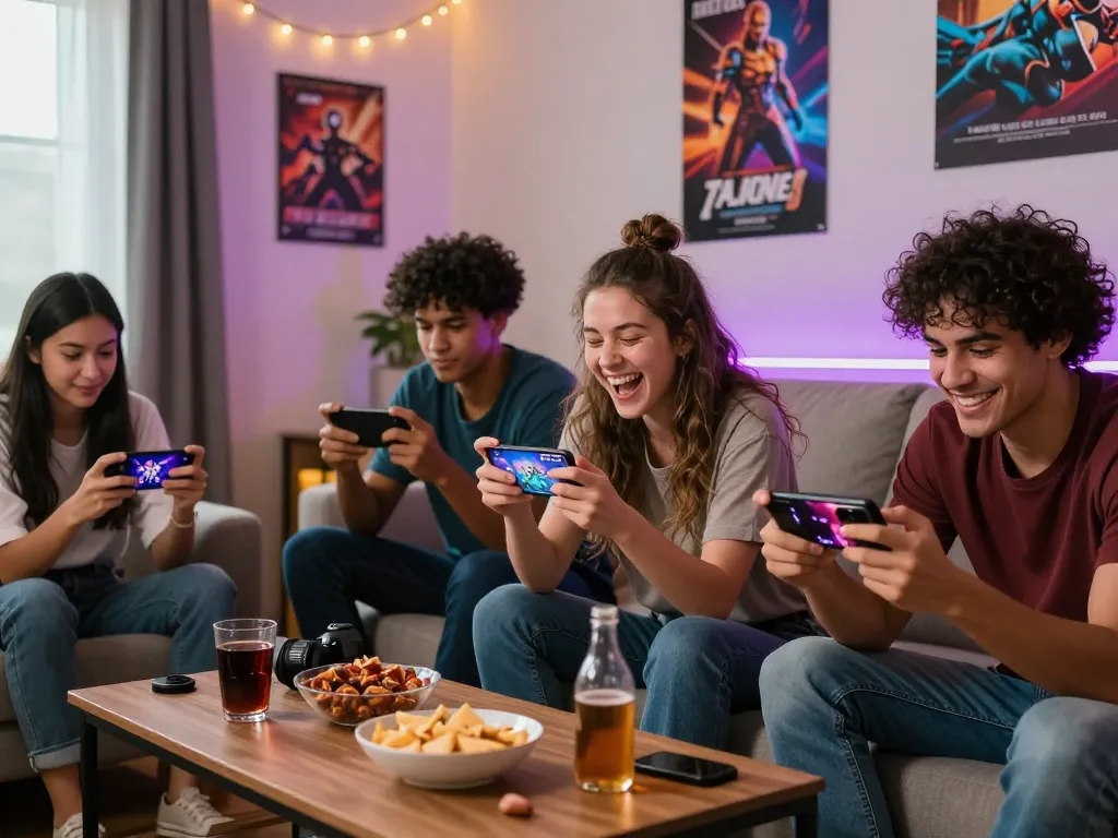 Engaged friends enjoying mobile porn games together in a cozy living room setting, showcasing social gaming fun.