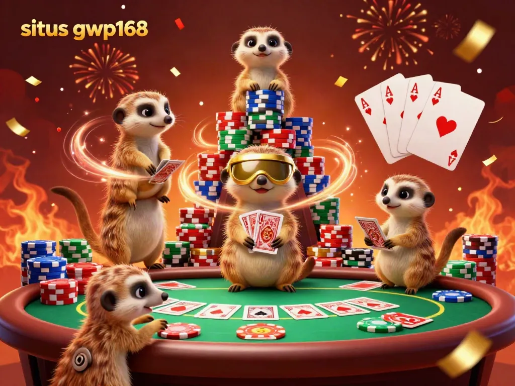 Meeerkats mengelola kasino di situs gwp168 dengan chip poker dan kartu, menambah keseruan permainan.