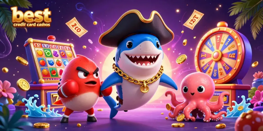 Experience the thrill of the best credit card casinos with our animated digital scene featuring vibrant characters and game elements.