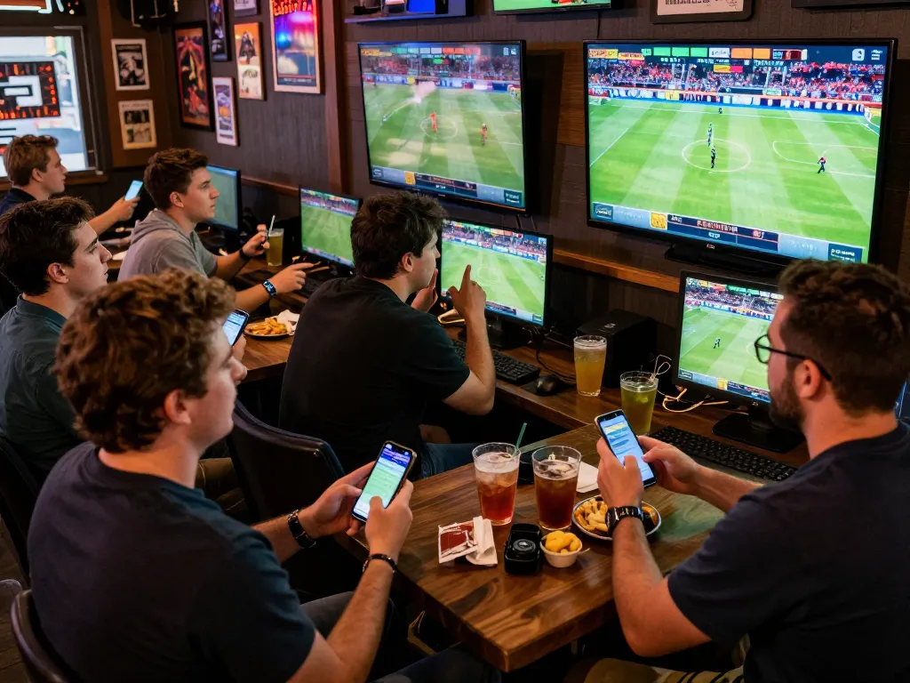 Engaged players betting through https://goal123.ac/ at a lively sports bar, surrounded by screens showcasing live events.