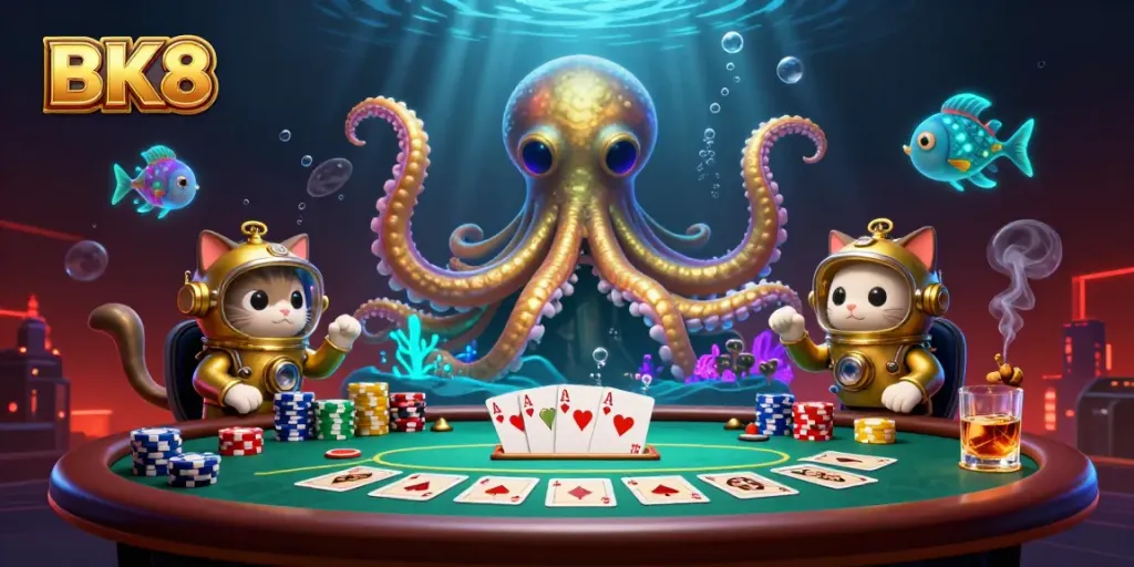 Play dynamic card games at BK8 with a colossal kraken and vintage diving cat, surrounded by chips and casino elements.