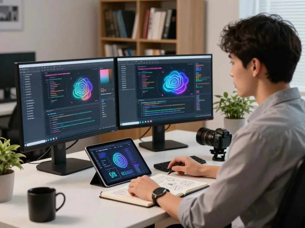 Dynamic tech workspace showcasing a professional coding on AI software, illustrating juicy ai innovation in action.
