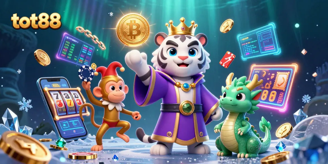 Engage with tot88's vibrant crypto casino scene featuring a royal tiger and playful monkey.