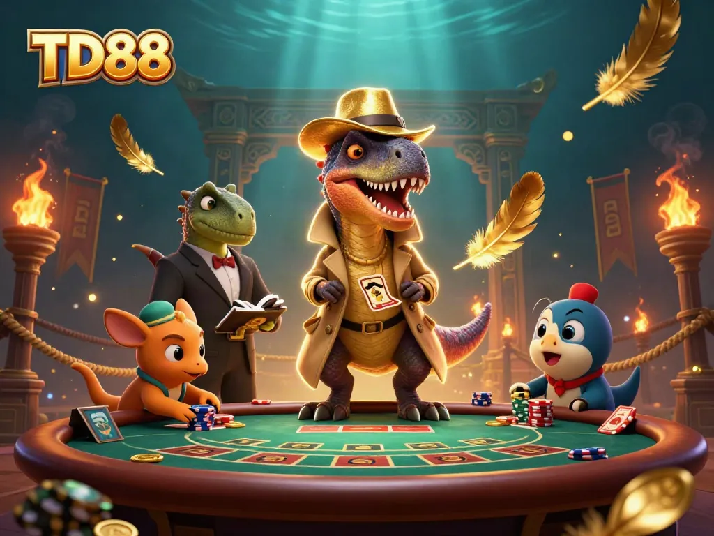 Experience TD88 casino dynamics with a velociraptor card counter and a stegosaurus pit boss in an exciting gambling scene.