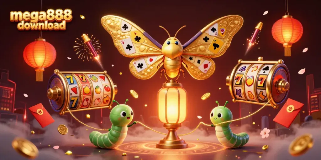Experience the mega888 download with vibrant slot reels and a colorful 3D moth scene.