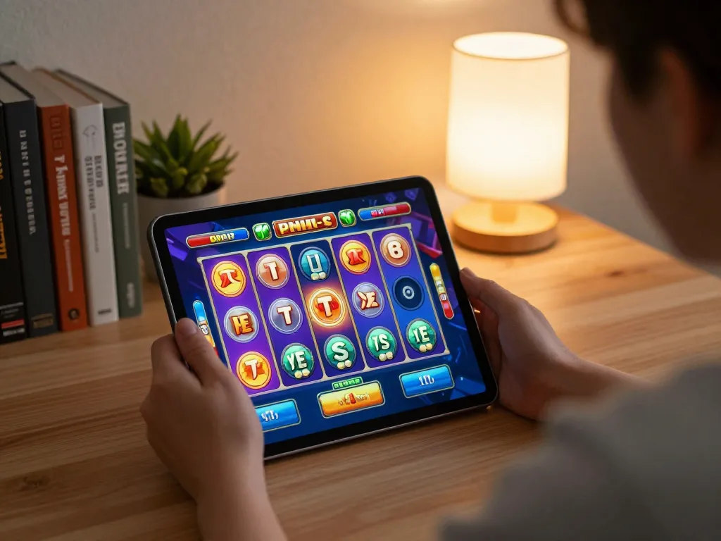 Person engaging in online slot gaming on a tablet showcasing vibrant reels and exciting gameplay
