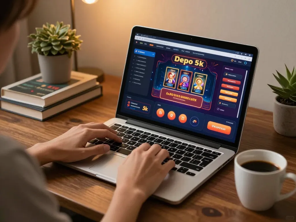 Engaging online gaming moment at home with slot depo 5k displayed on laptop screen.
