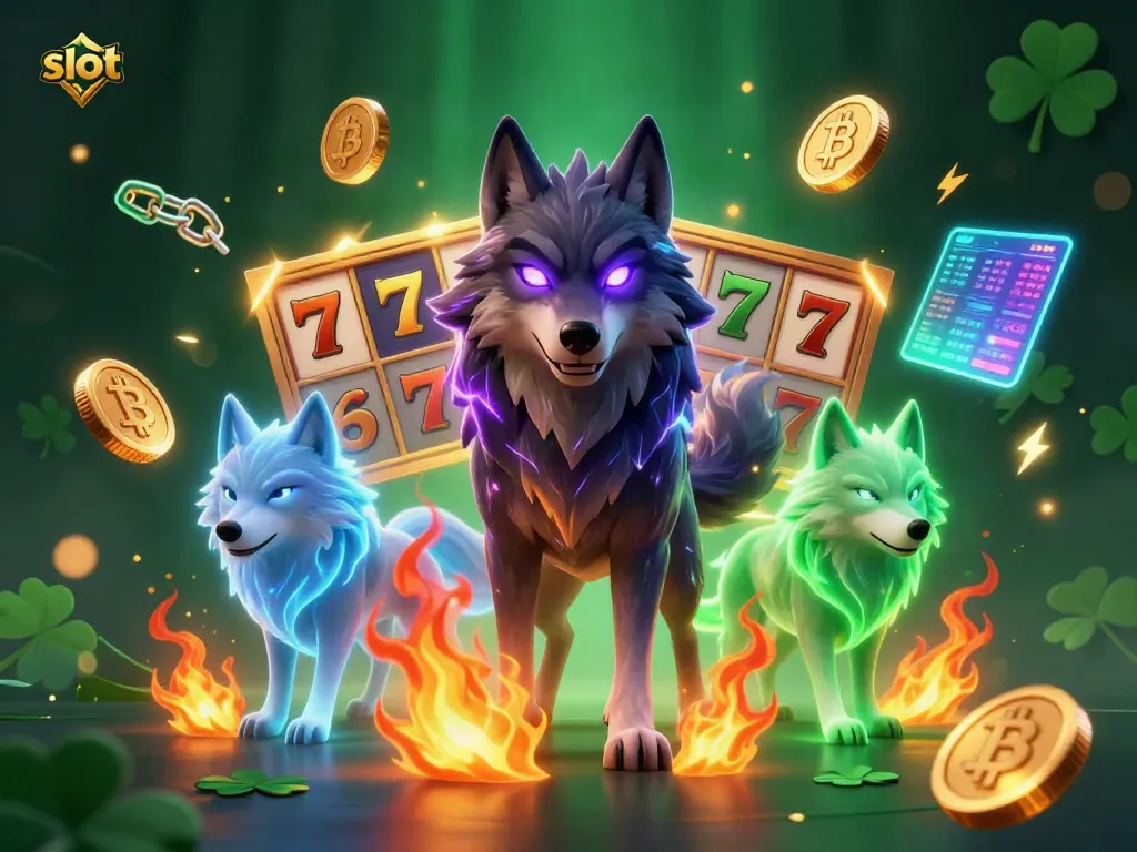 Win at slots with animated wolves and cryptocurrency elements creating a vibrant casino atmosphere.
