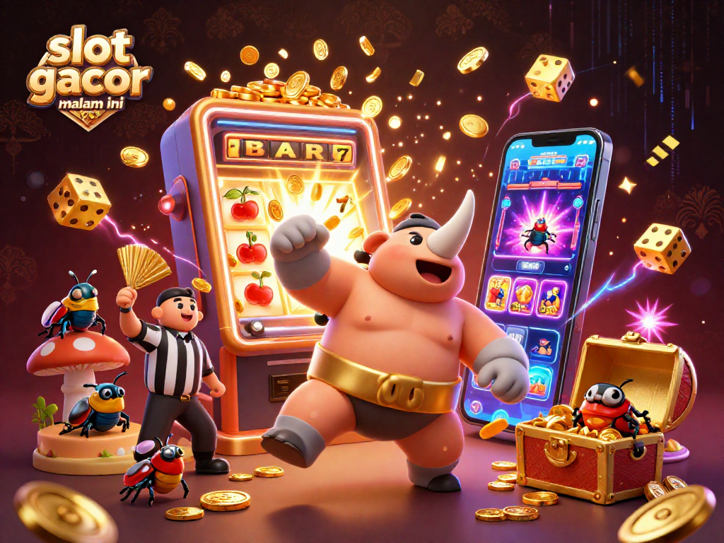 Experience the excitement of slot gacor malam ini with thrilling visuals of a dynamic casino scene featuring playful beetle characters.
