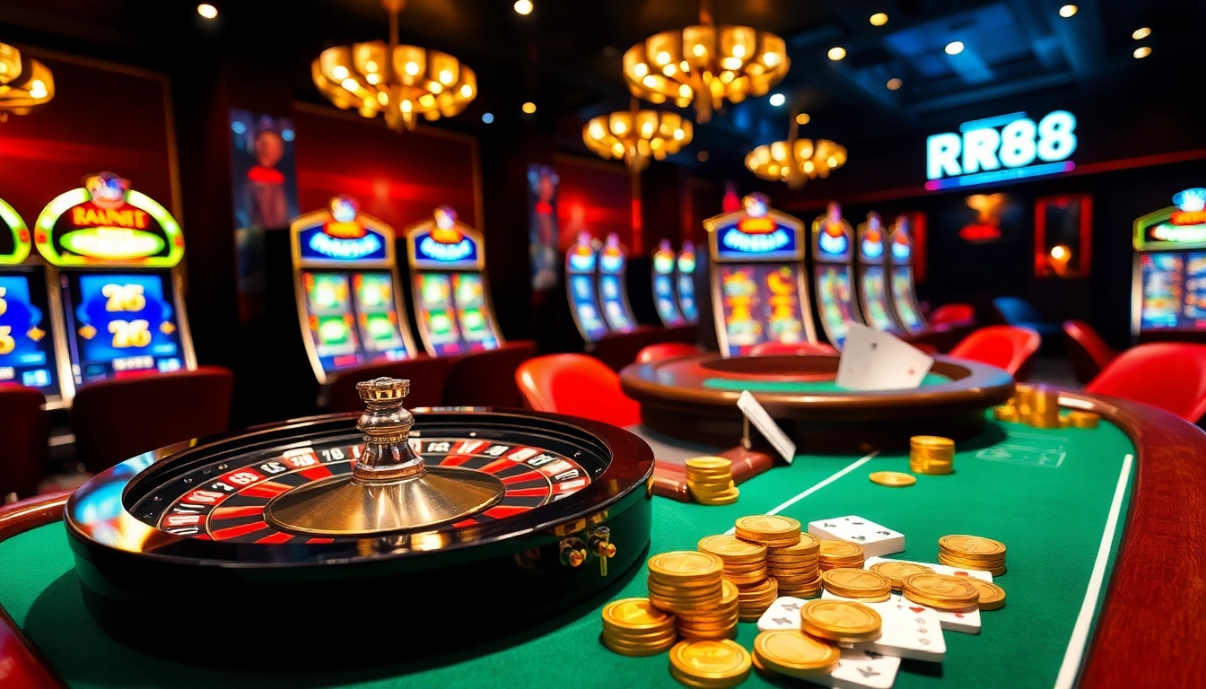 Experience RR88's vibrant casino atmosphere with roulette wheels and poker tables.
