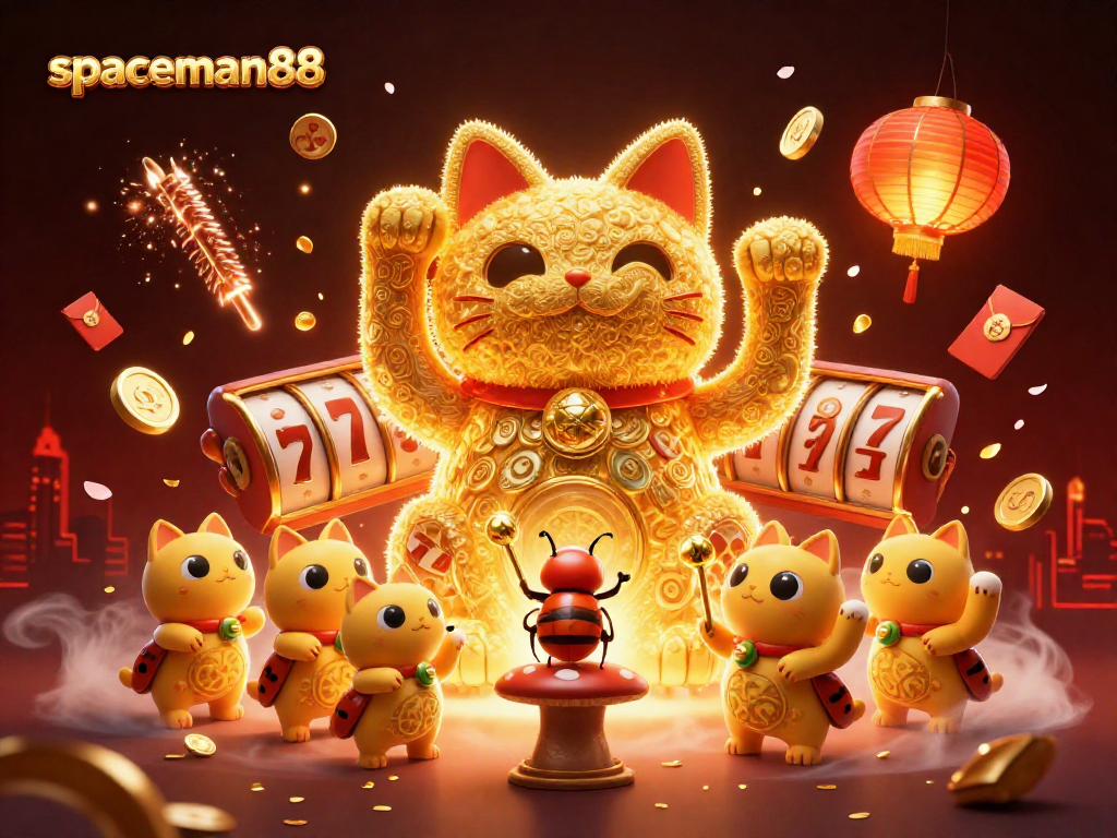 Experience the excitement of spaceman88 with a vibrant illustration of a lucky cat surrounded by engaging casino elements.