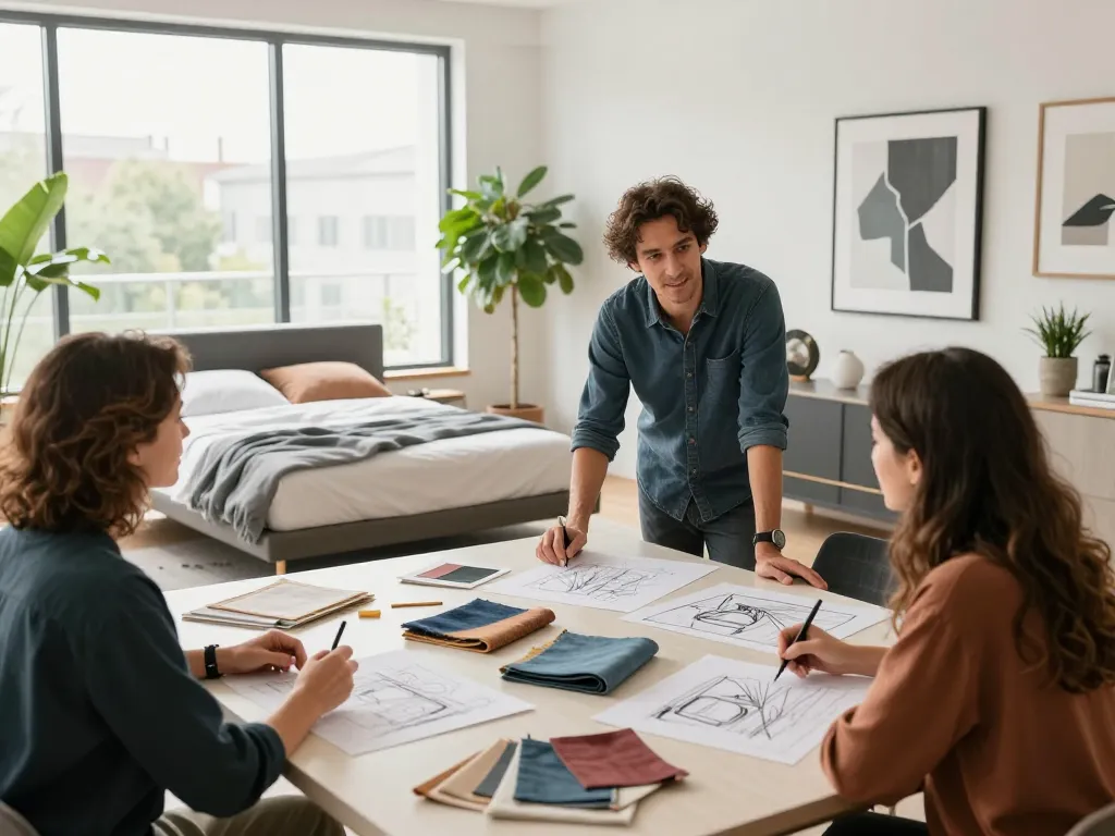 Stylish interior design workshop focusing on floating bed concepts at https://www.josephineinteriordesign.com/floating-beds/ with designer collaborating on sketches and samples.