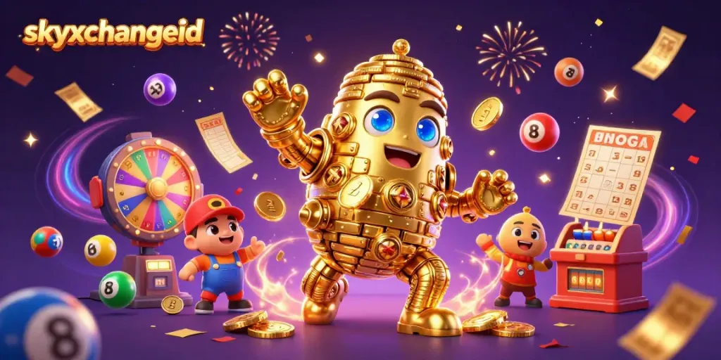 Engage with the skyxchangeid platform, featuring a golden golem and vibrant gambling elements.