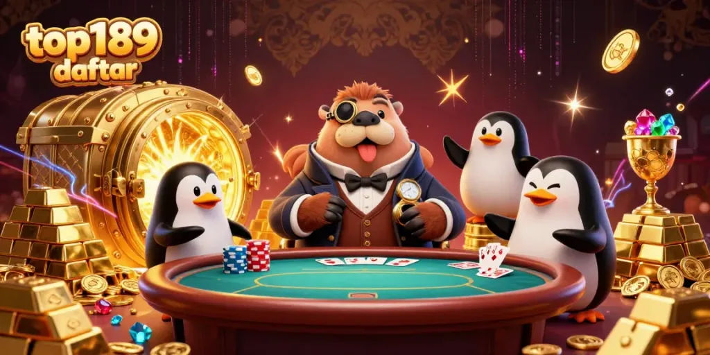 Experience the excitement with top189 daftar at a vibrant poker table filled with treasures and characters.