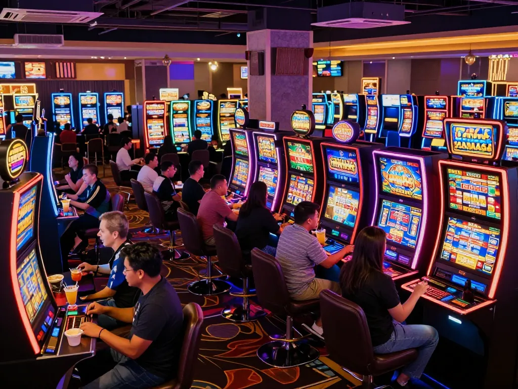 Players enjoying slot gacor at vibrant casino, colorful machines and exciting atmosphere.
