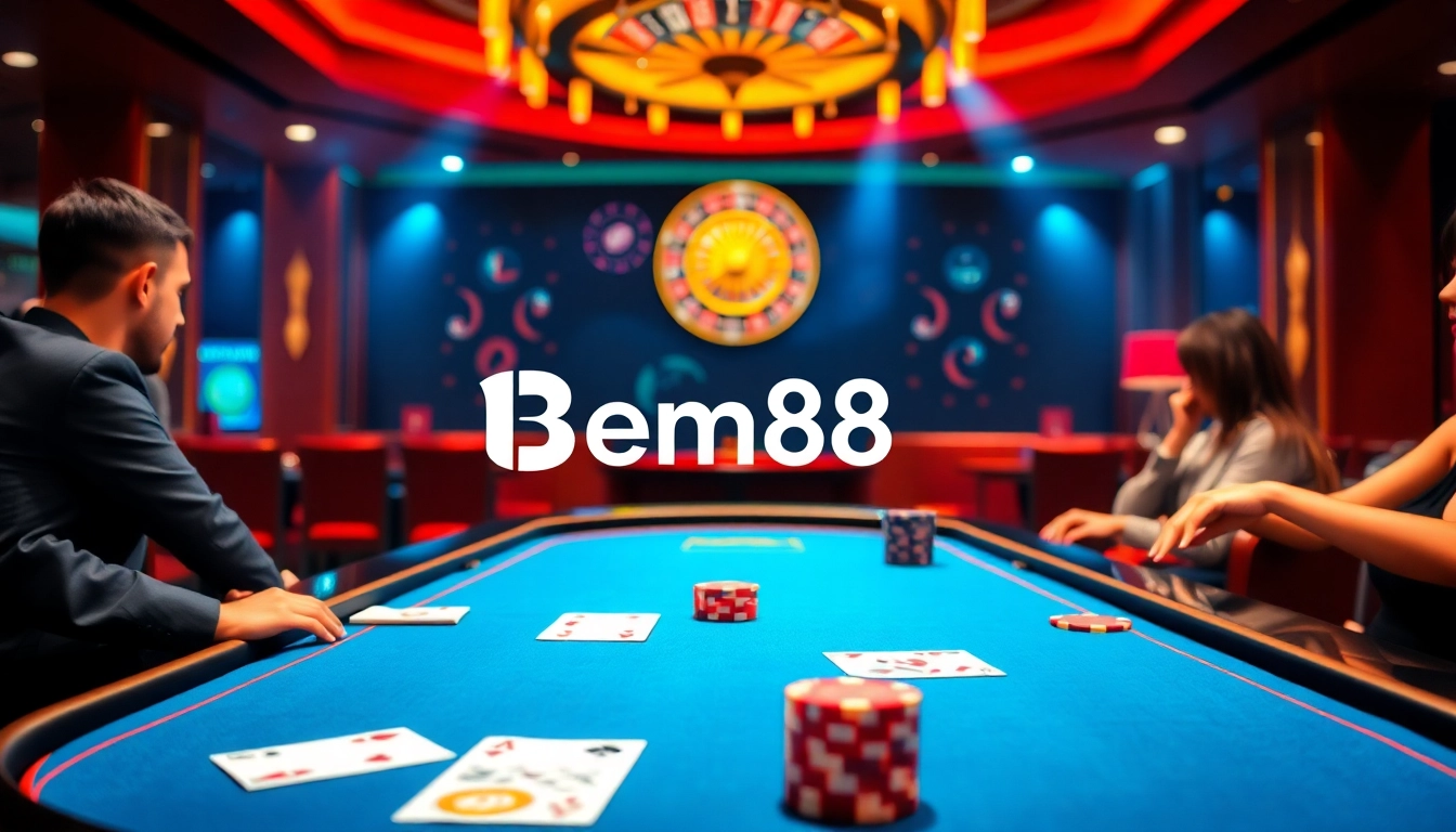 Players enjoying poker at Bem88 casino, showcasing excitement and luxury atmosphere.