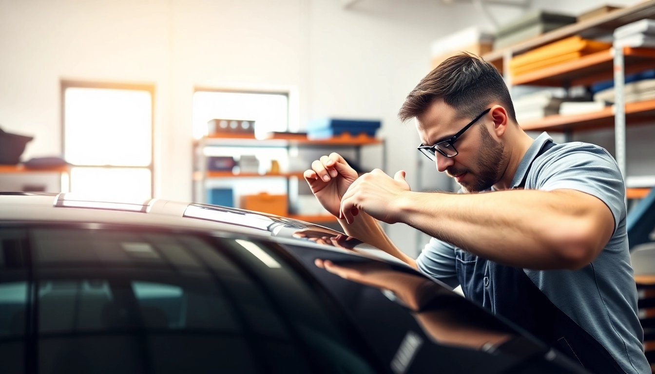 Applying the best window tint Chattanooga TN in a bright workshop setting.