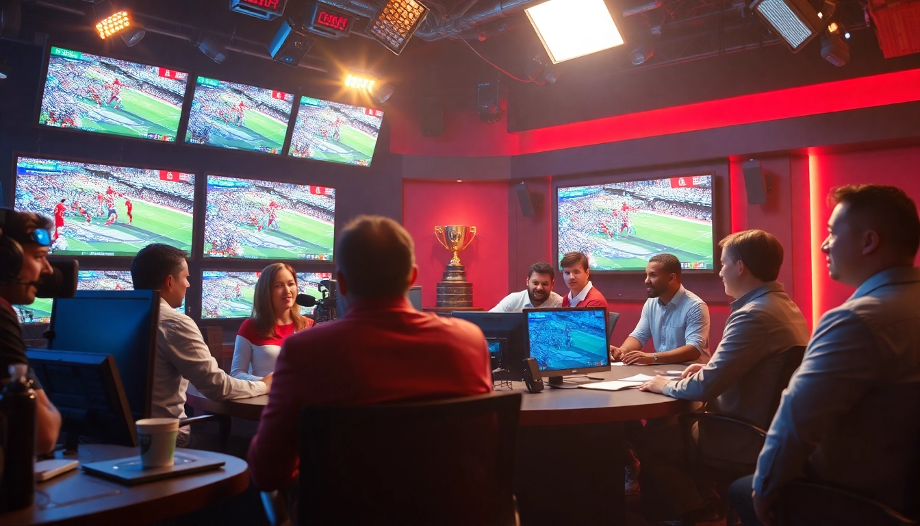 Dynamic scene showcasing sports broadcasting with diverse presenters in a modern studio.