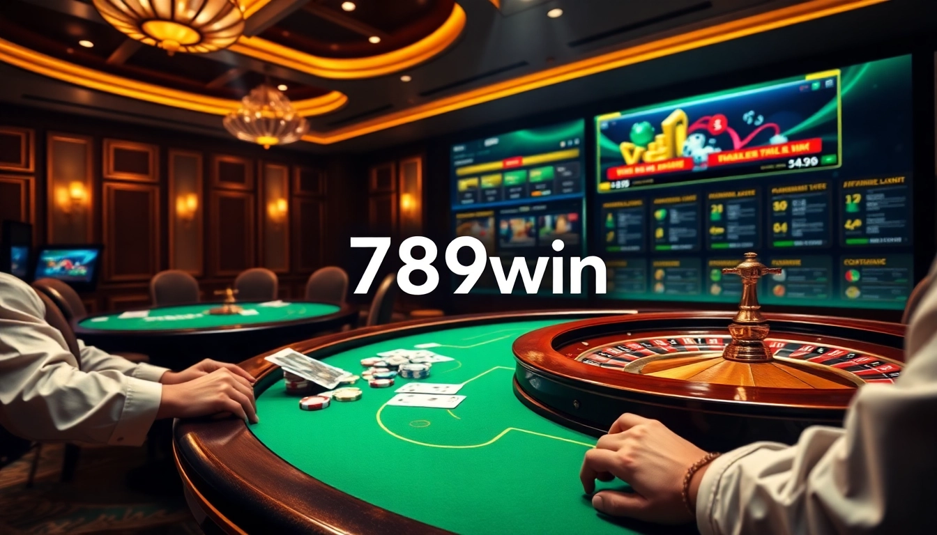 Experience the thrill of 789win in a luxurious casino setting with poker chips and roulette wheels.