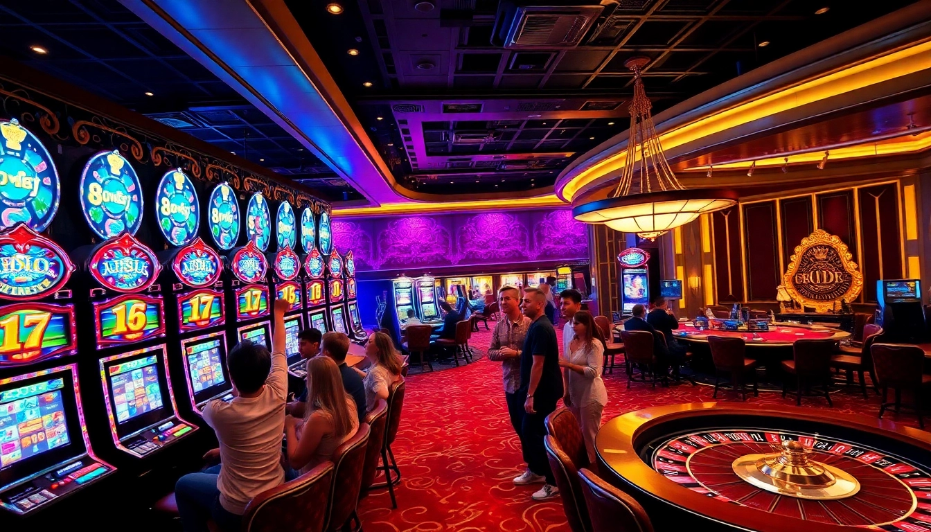 Exciting players enjoying idn slot gaming machines in a vibrant casino environment.