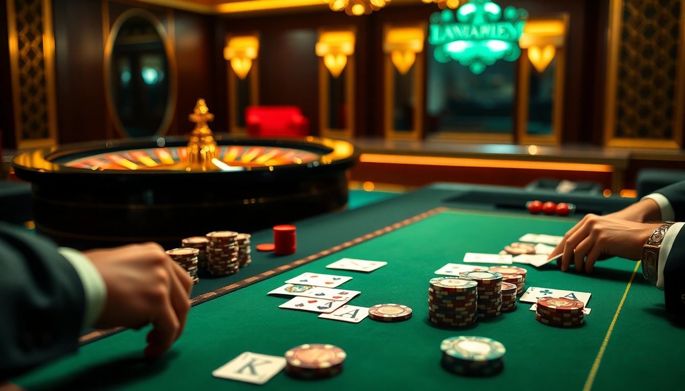 Experience an exciting poker game at 8kbet with luxurious chips and cards amidst a glamorous casino atmosphere.