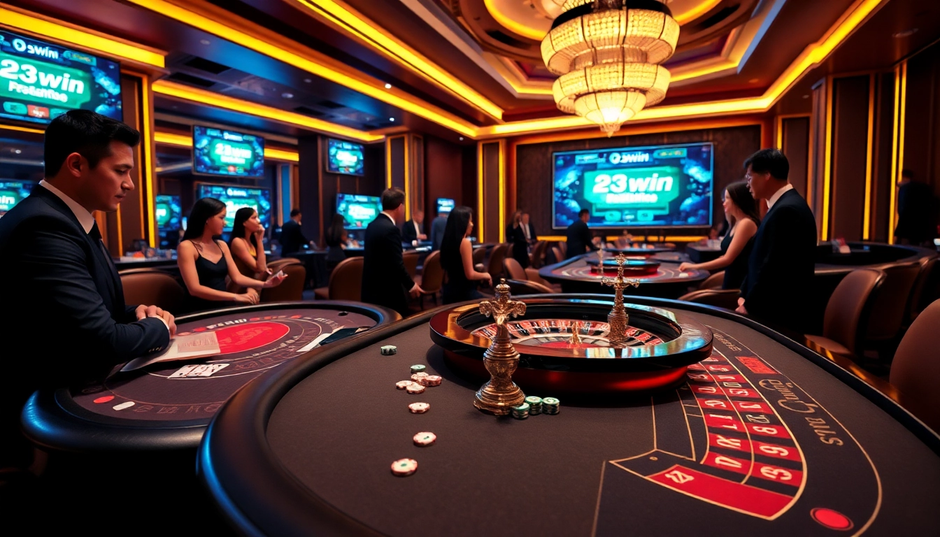 Engage in thrilling games at 23win nhà cái casino, featuring dynamic tables and vibrant poker chips.