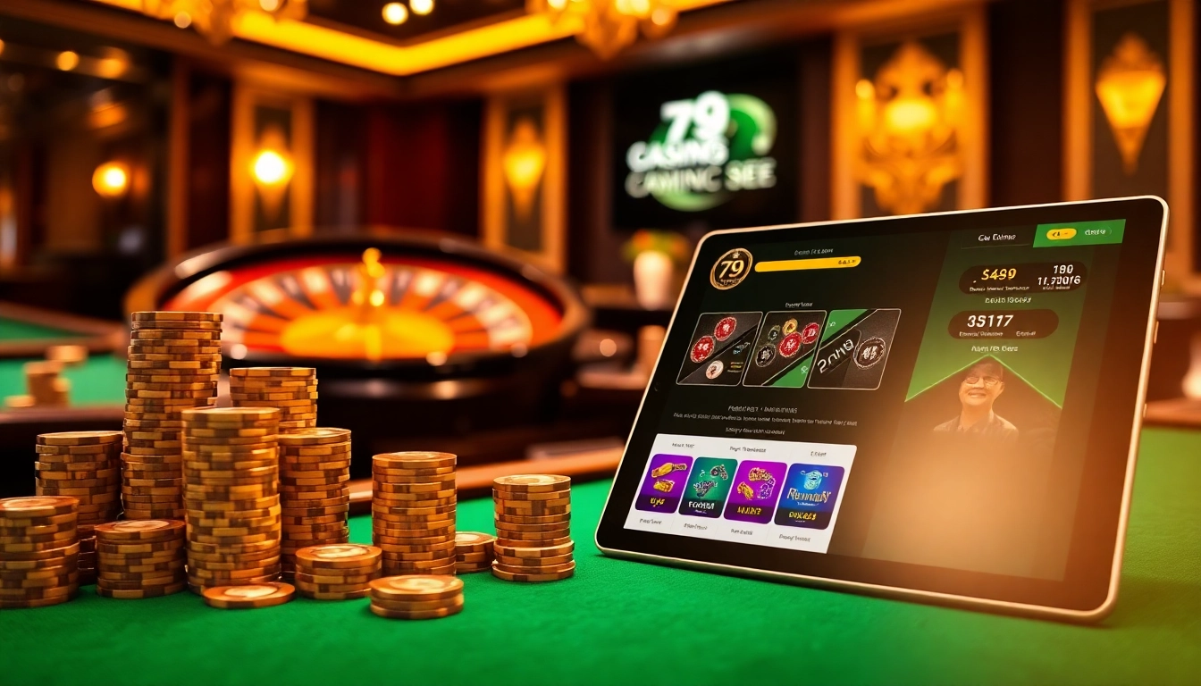 Experience the excitement of 79king at luxurious casino tables with poker chips and roulette wheels.