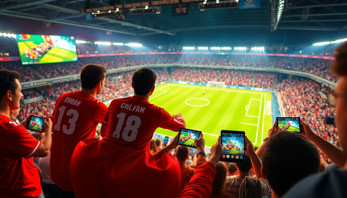 Xem Bóng Socolive - Live football match streaming scene with fans and technology.