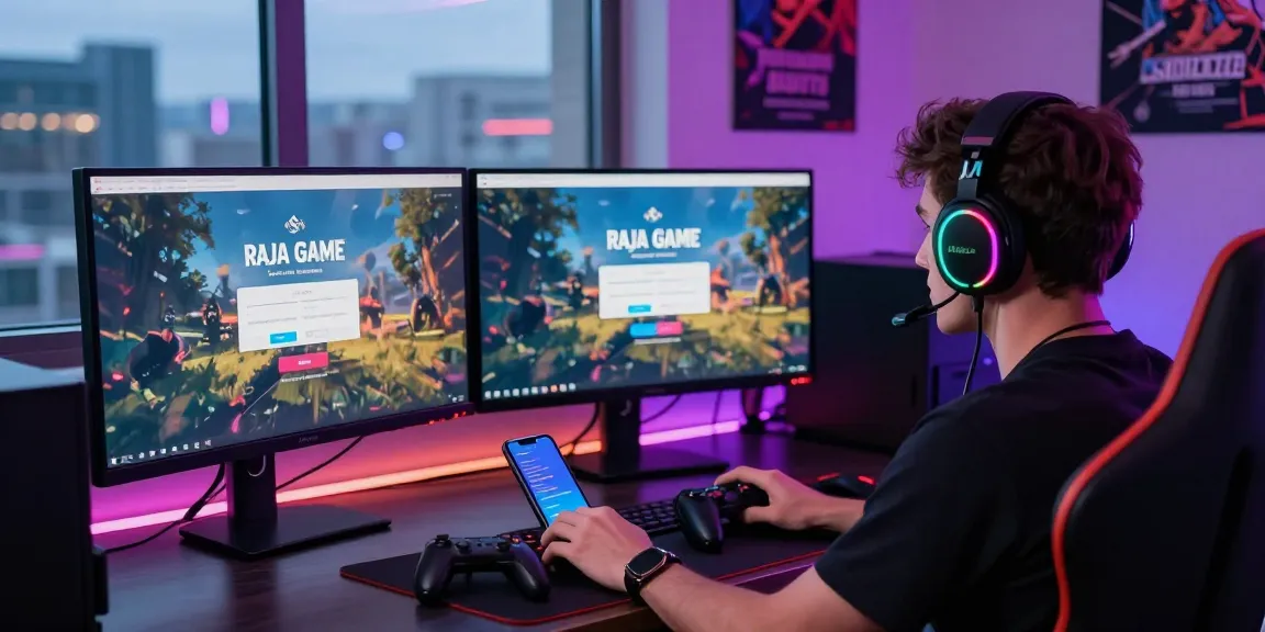 Raja Game login interface displayed on monitors in a vibrant gaming setup.