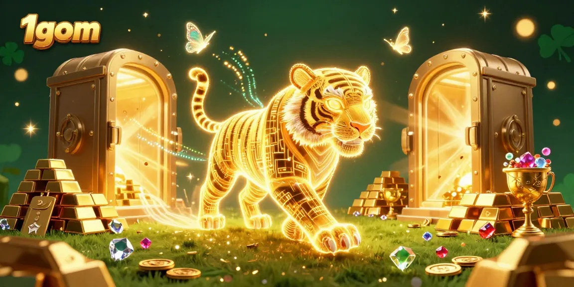 Engage with 1gom's thrilling sports betting scene featuring a golden tiger and holographic butterflies.