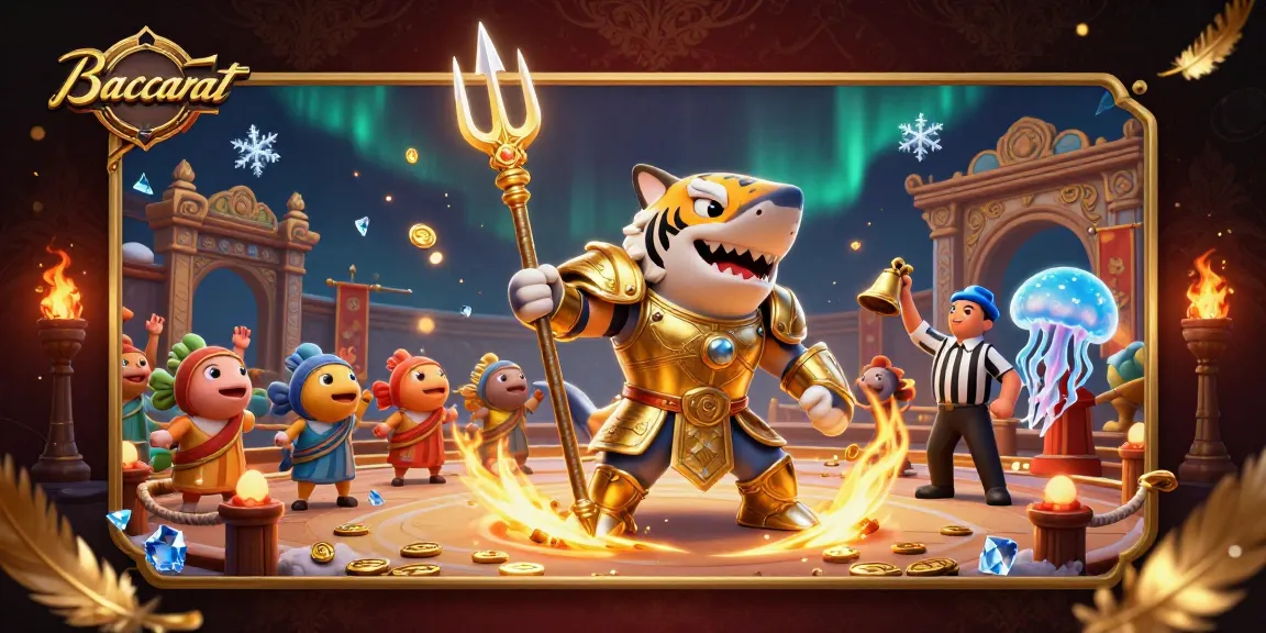 Baccarat scene featuring a ferocious tiger shark in armor, exciting underwater gambling atmosphere.